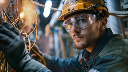 A portrait of a male electrical engineer wearing safety glasses and gloves, inspecting wires and cables in a power plant.