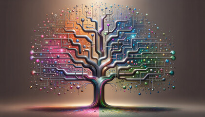 Abstract Metallic Decision Tree with Retro Digital Motifs on Gradient Background