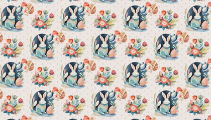 hand drawn watercolor easter bunny seamless pattern, vector graphic resources, 16:9 widescreen wallpaper / backdrop,