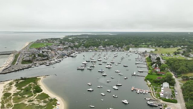 Drone Shot Pulling Away From The Expansive Marina In Oak Bluffs, Massachusetts.