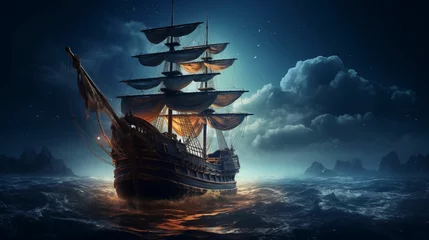 Papier Peint photo Lavable Navire pirate ship walking in the middle of the sea at night with bright moonlight. generative ai