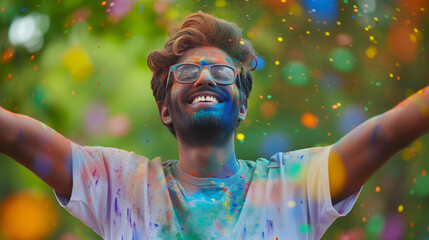 Cheerful young man covered in rainbow powders celebrating holi festival