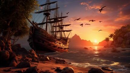 Obraz premium pirate ship stranded on an island with a sunset background. generative ai