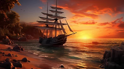 Schilderijen op glas pirate ship stranded on an island with a sunset background. generative ai © KBL Sungkid