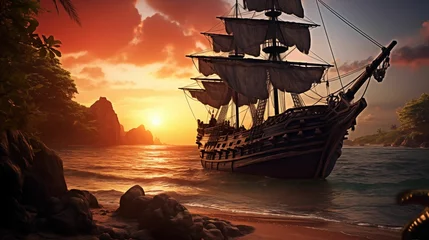 Keuken spatwand met foto pirate ship stranded on an island with a sunset background. generative ai © KBL Sungkid