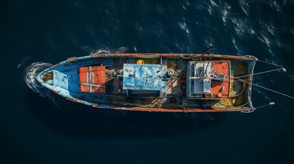 Aerial top view ultra wide photo of beautiful traditional fishing boat. generative ai