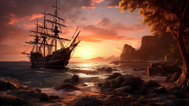 pirate ship stranded on an island with a sunset background. generative ai - Powered by Adobe