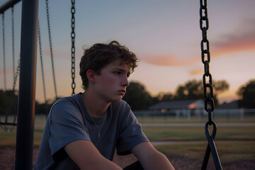 illustration teenager sitting alone at the edge of a playground at dusk, looking sad. 