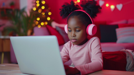 African american girl in headphones engaged in remote learning with laptop