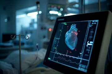 illustration  echo cardiogram machine screen showing a live image of a beating heart.