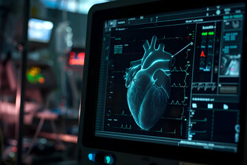 illustration  echo cardiogram machine screen showing a live image of a beating heart. - obrazy, fototapety, plakaty