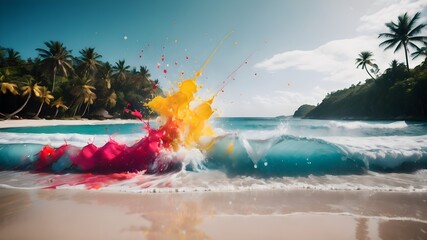 Colorful Wave Impact on Sandy Tropical Beach