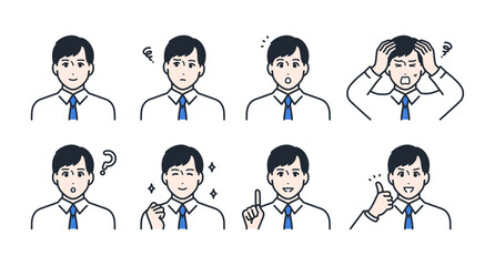 若いビジネスマンの表情アイコンイラストセット素材