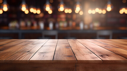 Warm Wooden Bar Top with Blurred Lights - obrazy, fototapety, plakaty