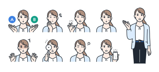 若いビジネスウーマンのシンプルなベクターアイコンイラストセット素材