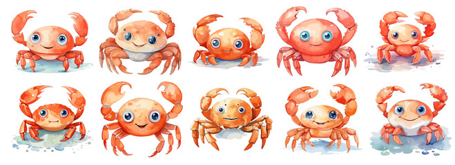 set of watercolor crab, Sticker, ornament, illustration,  PNG, generated ai