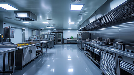 A restaurant kitchen with complete cooking equipment