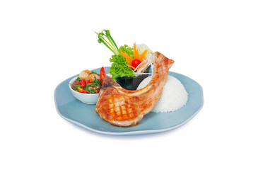 Grilled or pan fried pork chop with lychee and Thai basil sauce.Fusion food on white background
