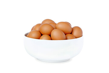 Fresh raw eggs from farm in bowl isolated on white background.