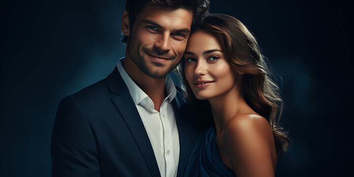 Beautiful young couple in evening clothes posing in the studio. Beauty, fashion.