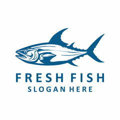 blue fish logo on a white background