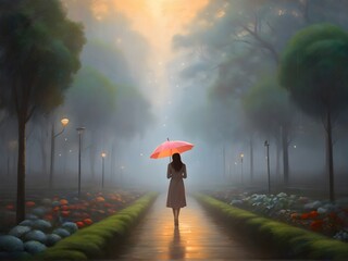 misty garden, the lone woman's umbrella casts a soft glow, illuminating the path ahead