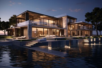 A big mansion well lit during the dawn time