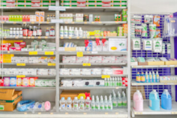 Pharmacy drugstore shelves interior blur medical background