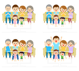 テレビで観戦している3世帯家族
