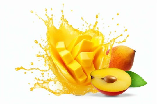 Ripe mango slice with juice splash. Healthy food or tropical fruit drink. Tasty smoothie isolated. Generative AI