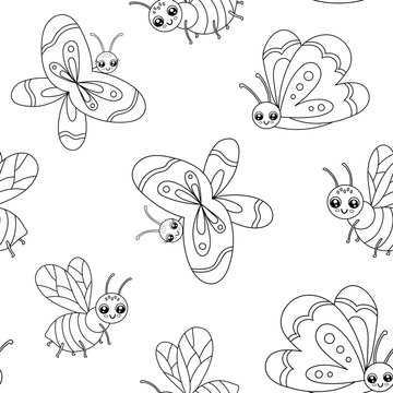 Hand drawn vector monochrome seamless pattern with cute outline honey bee and butterfly isolated on white background. Funny insect for kids. Cartoon vector line backdrop