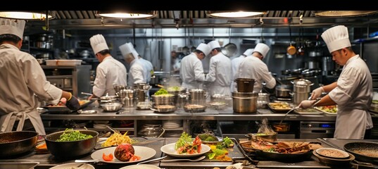 A bustling kitchen with chefs skillfully preparing dishes