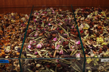 Assorted tea and spices specialties in Istanbul Turkey, Grand Bazaar