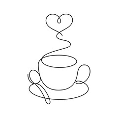 coffee cup and heart shape steam thin line illustration continuous drawing