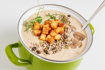 mushroom cream soup on white background