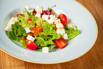 greek salad on the wooden background
