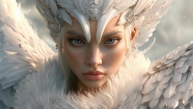 The Gardens gatekeeper a towering angel with a mane of white feathery hair and eyes that radiate wisdom stands guard with a allknowing presence.