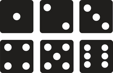 Dices Fill Icons Set. Game for Gambling, Casino Dices from one to six Dots, on transparent background. Excitement Symbols. Passion Logos. Gambling for casino equipment. icons for fortune game player.