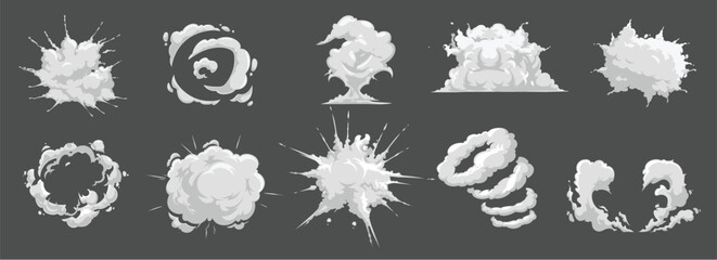 Burst or explosion cartoon vector effects. Bomb or explosive detonation, rocket launch smoke trace and dust cloud. Comic boom, bang or hit, attack blast, dynamite blaze and vapor puff icon set - obrazy, fototapety, plakaty