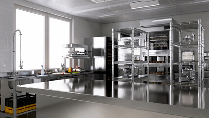 Empty clean stainless steel counter table in commercial, professional bakery kitchen with...