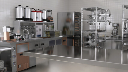 Empty clean stainless steel counter table in commercial, professional bakery kitchen with...