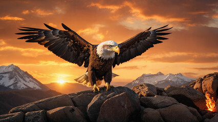 A bald eagle landing on a rocky outcrop against a backdrop of a fiery sunset and highlight the powerful wingspan and the precision with which it navigates the air