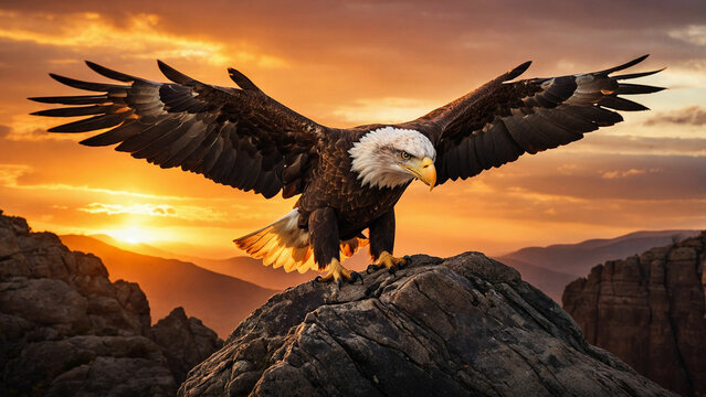 A bald eagle landing on a rocky outcrop against a backdrop of a fiery sunset and highlight the powerful wingspan and the precision with which it navigates the air