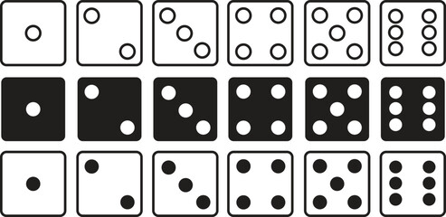 Dices flat Icons Set. Casino Dices from one to six Dots on transparent background. Excitement Symbols editable stock. Passion Logos. Gambling for casino equipment. Icons for fortune game player.
