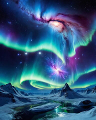 Celestial Symphony - Unreal cosmic scenery with celestial bodies, plasma jets, and aurora borealis Gen AI - 728975105
