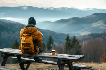 A traveler sits on a rustic wooden bench overlooking a serene mountain landscape, cradling a steaming cup of coffee