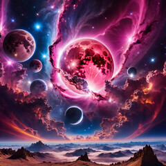 Vibrant Cosmic Scenery - surreal celestial bodies, cosmic dust, lunar eclipse, and quasar Gen AI - obrazy, fototapety, plakaty