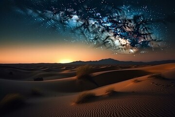 Beautiful desert landscape with sand dunes and a captivating gradient starry sky. Generative AI