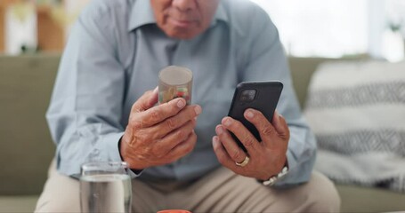 Phone, medicine and mature hands with home research, reading label and learning of telehealth services. Online person with pills bottle, tablet and mobile for safety and health benefits on the sofa