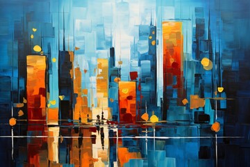 A colorful watercolor acrylic painting of a cityscape